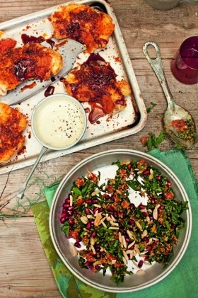 Harissa-crumbled fish with tabouleh and tahini sauce