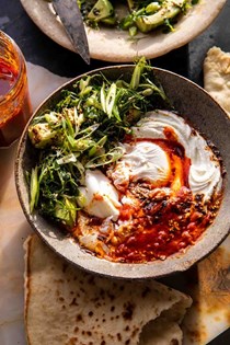 Harissa eggs in whipped goat cheese