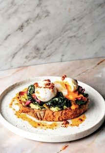 Harissa eggs with rainbow chard