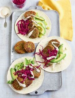 Harissa falafel wraps with quick-pickled cabbage