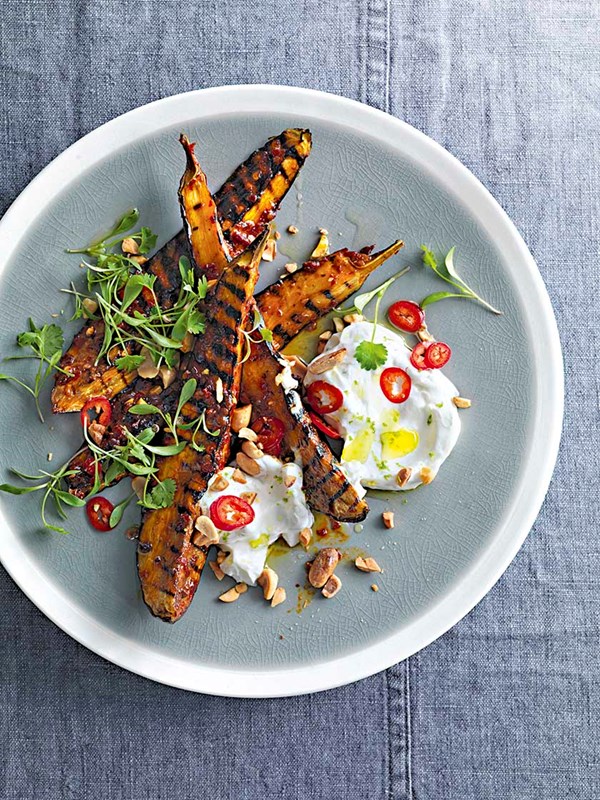 Harissa glazed aubergine with coconut and peanuts