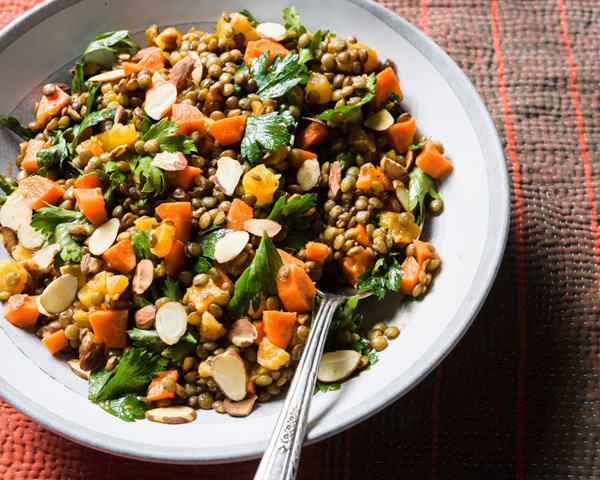 Harissa-honey lentil salad with almonds