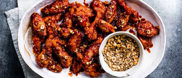 Harissa hot wings with hazelnut dukkah
