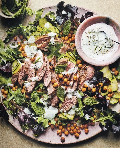 Harissa lamb & chickpea salad with minted yogurt chutney