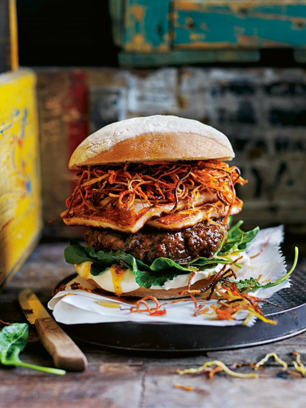 Harissa lamb, crispy carrot and haloumi burger