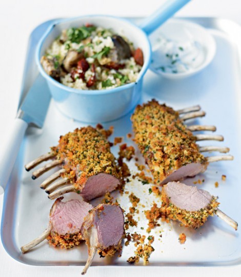 Harissa lamb with bulgur, aubergine and tomato salad