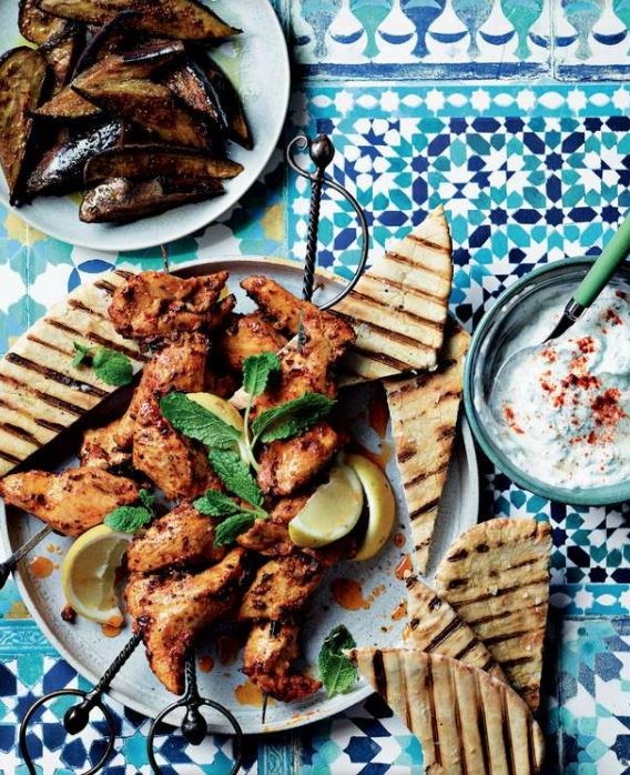 Harissa lemon chicken skewers with glazed aubergines & garlic-mint sauce