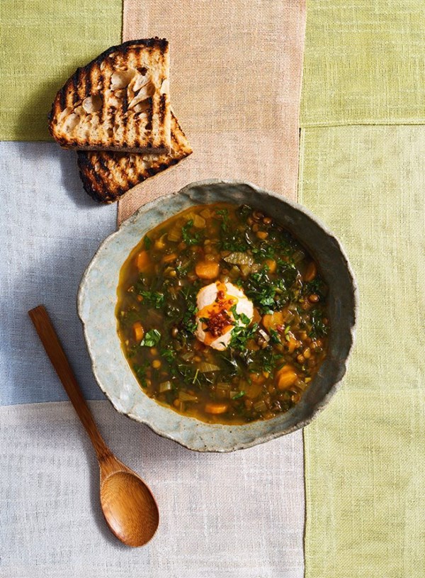 Harissa, lentil and kale soup