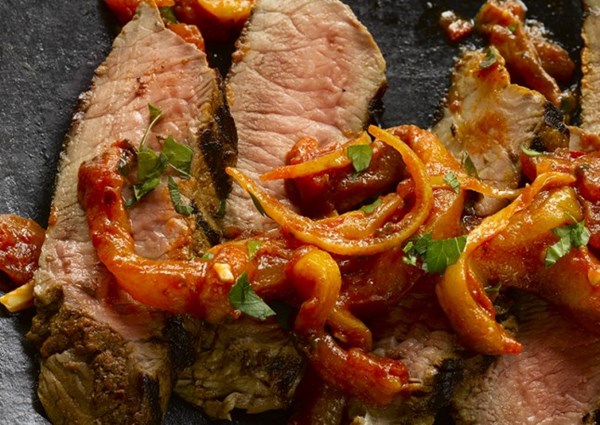 Harissa-marinated beef sirloin with preserved lemon sauce