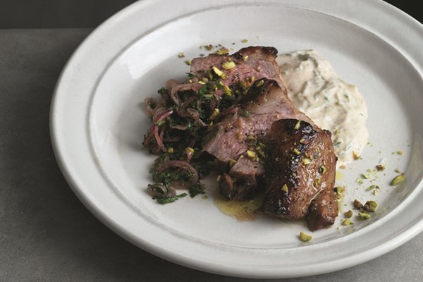  Harissa-marinated lamb with mint chutney, pistachios and yoghurt dressing