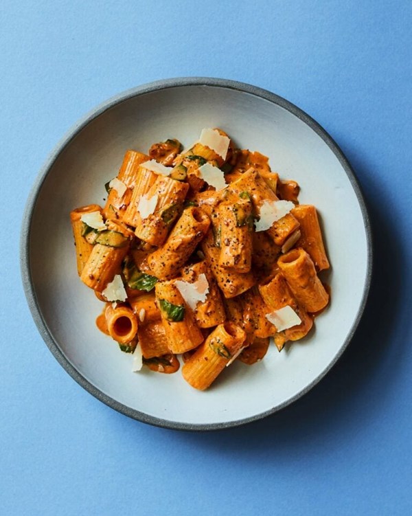 Harissa, mascarpone and basil rigatoni 