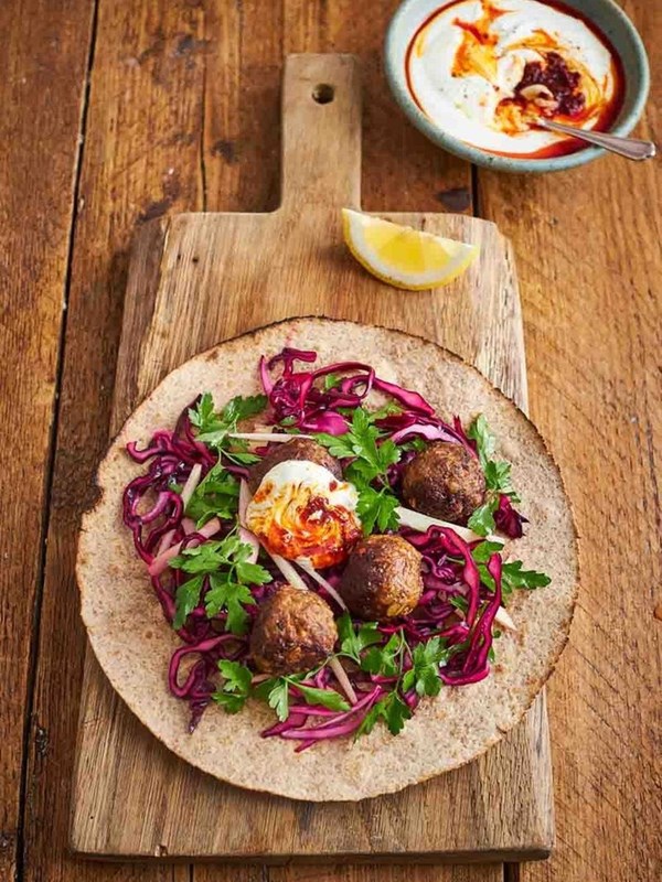 Harissa meatball wraps [cabbage & apple slaw]