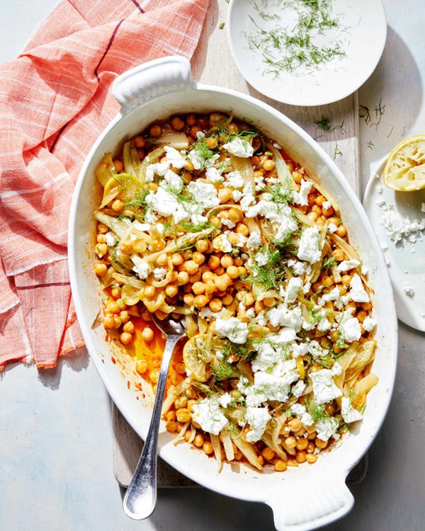 Harissa olive oil-braised chickpeas and fennel