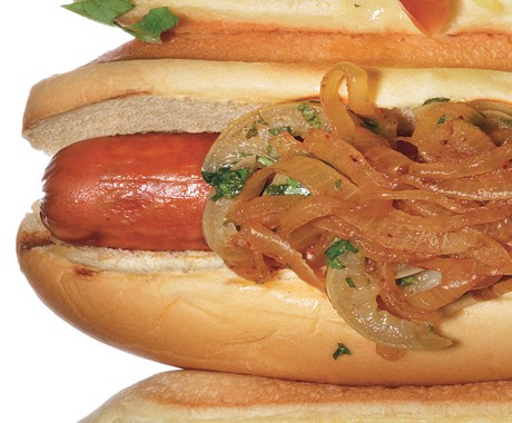 Harissa-onion dogs with preserved-lemon relish