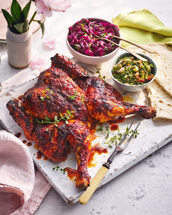 Harissa, orange & honey spatchcocked chicken with pickled cabbage and almond tabbouleh