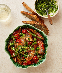 Harissa pilchards with herb salsa