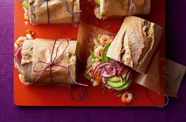 Harissa, prawn & avocado baguettes