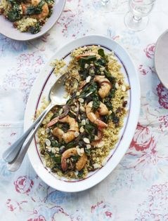 Harissa prawns and cavolo nero with saffron couscous