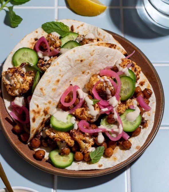 Harissa roasted cauliflower and chickpea tacos