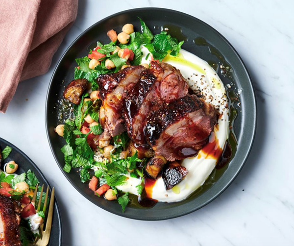 Harissa-roasted lamb rump with pomegranate and eggplant