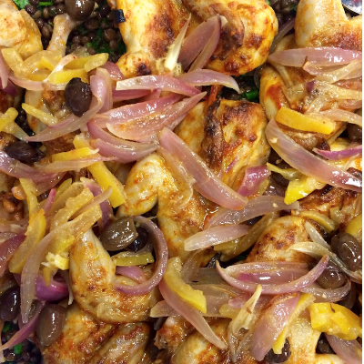 Harissa-rubbed roast quail with lentil salad