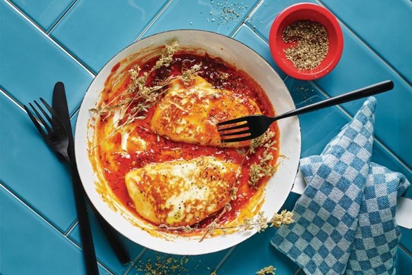 Harissa 'saganaki' haloumi