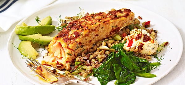Harissa salmon with mixed grains and spinach