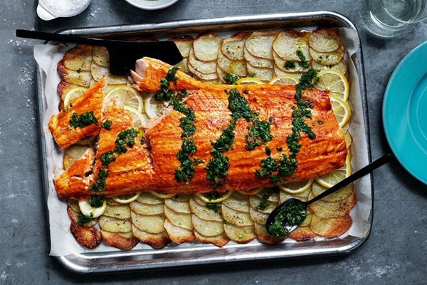 Harissa salmon with preserved lemon gremolata