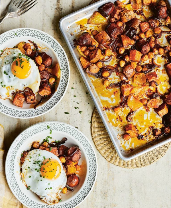 Harissa, sausage and sweet potato oven hash
