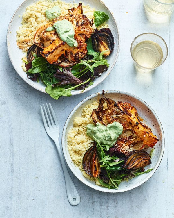Harissa-spiced cauliflower with creamy avocado and herb sauce
