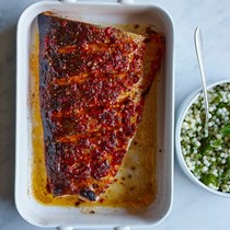 Harissa-spiced salmon with Israeli couscous