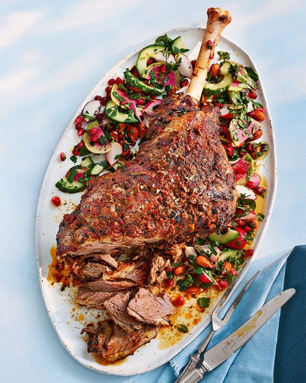 Harissa-spiced slow-roast lamb with mint, almond, cucumber and radish salad