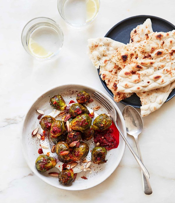 Harissa sprouts with lemon-tahini yoghurt