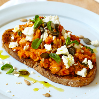 Harissa sweet potato and chick peas on toast 
