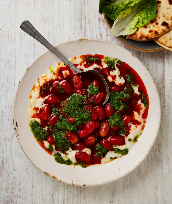 Harissa tomatoes with butter beans and herb relish