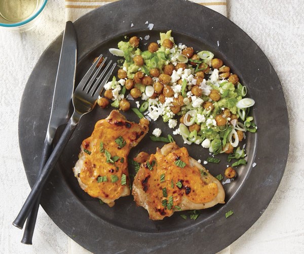 Harissa-yogurt baked chicken thighs