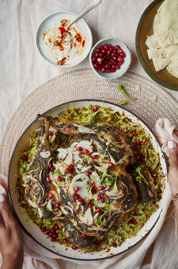Hariyali chicken biriyani traybake
