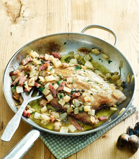 Harry's Shack megrim sole with smoked bacon, fennel and cockles