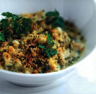 Hartlepool natural smoked haddock "cassoulet" with haricot beans and a Hawes Wensleydale herb crust