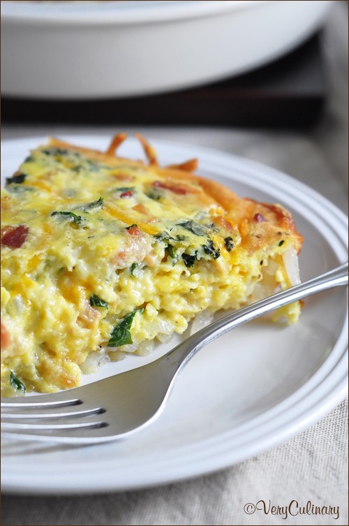 Hash brown-crusted quiche with bacon and kale