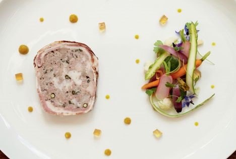 Haslet terrine (Haslet terrine with pickled vegetables, piccalilli purée and ale jelly)