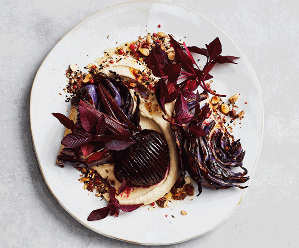 Hasselback beetroot and cabbage with dukkah