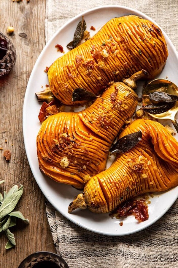 Hasselback butternut squash with sage butter and prosciutto breadcrumbs