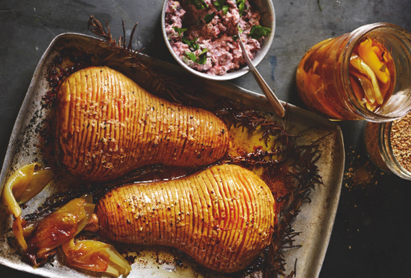 Hasselback butternut squash with shallot confit & walnut tarator