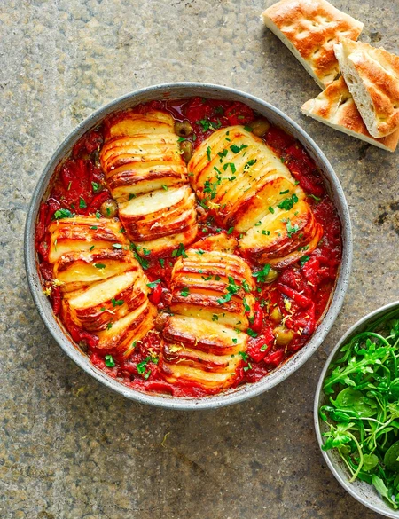Hasselback halloumi traybake