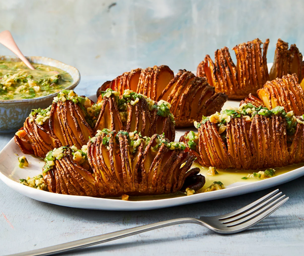Hasselback potatoes with cilantro-peanut dressing
