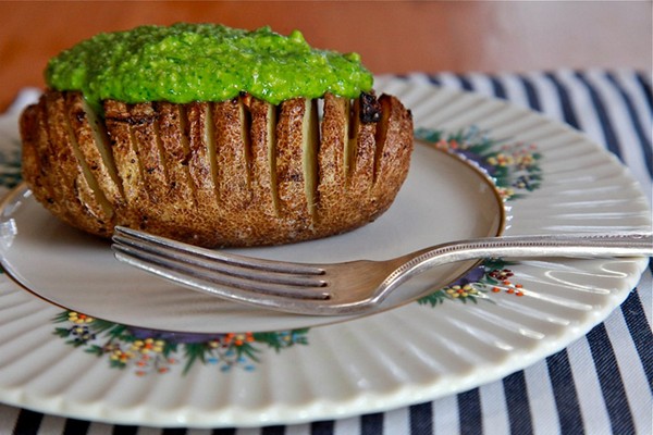 Hasselback potatoes with spinach cashew pesto