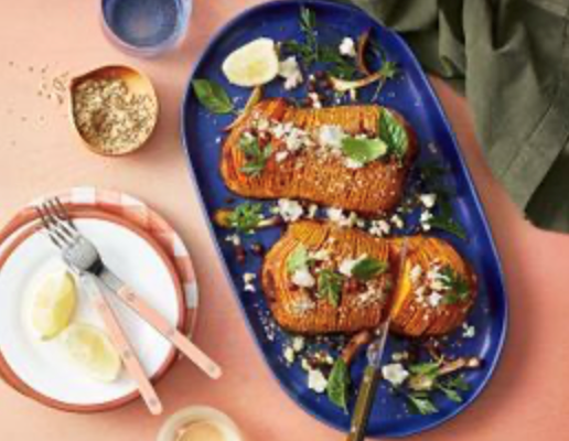 Hasselback pumpkin with macadamia dukkah