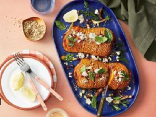 Hasselback pumpkin with macadamia dukkah