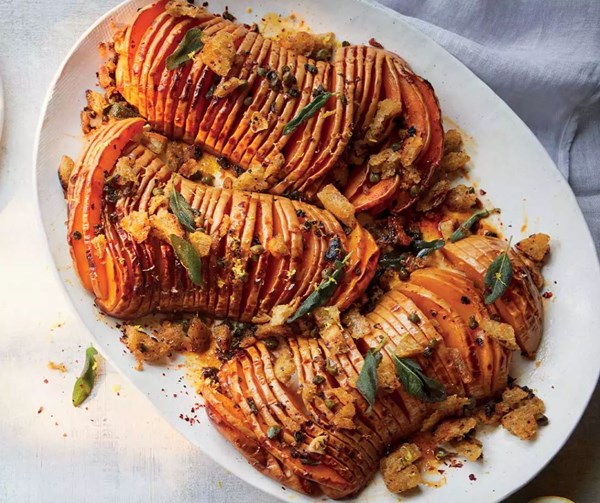 Hasselback squash with sage & caper pangrattato